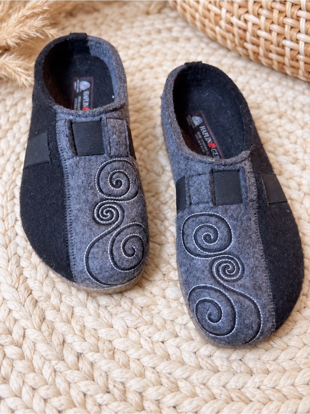 Haflinger Black & Gray Felt Slip-On Mules with Swirl Embroidery